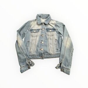 Ci Sono Denim Jacket Womens Medium Light Wash Blue Cropped Trucker Jean Jacket